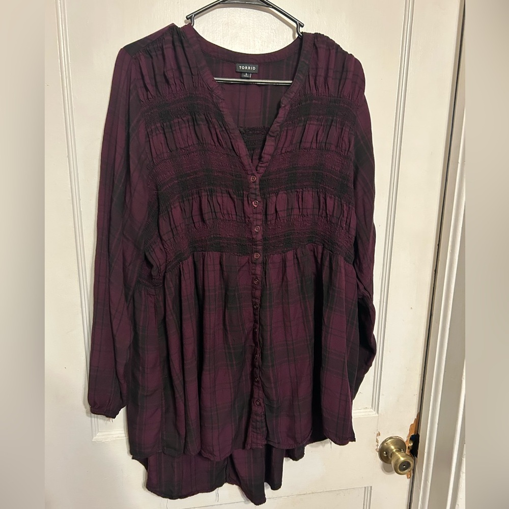 Torrid Purple and Black V-Neck Long Sleeve Blouse
